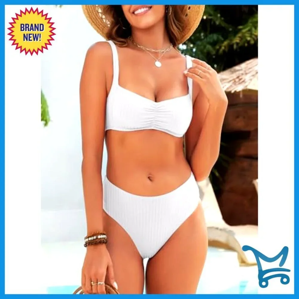 Ribbed Ruching Two Piece Swimsuit Adjustable Straps Wire Free Bikini Set